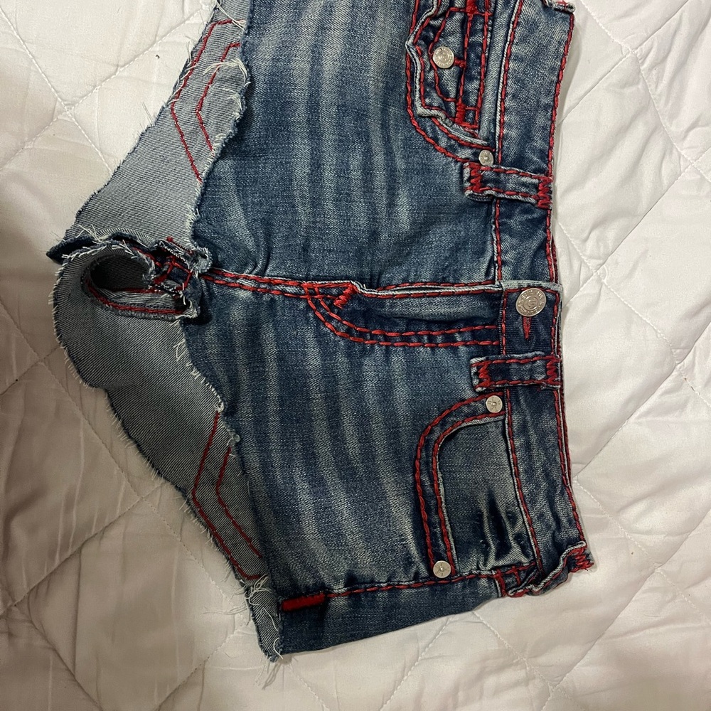 True Religion Blue Denim Shorts with Red Accents
